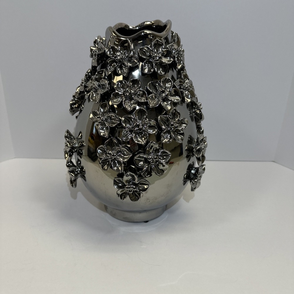 Rare Vintage Pier 1 Vase Silver Coated Dogwood Petals 3D 12" Cottagecore